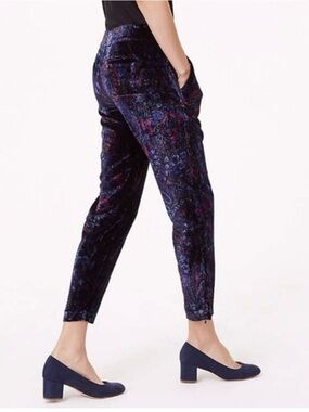 LOFT Women's Velvet Floral-Print Tapered Pants - Navy with pockets